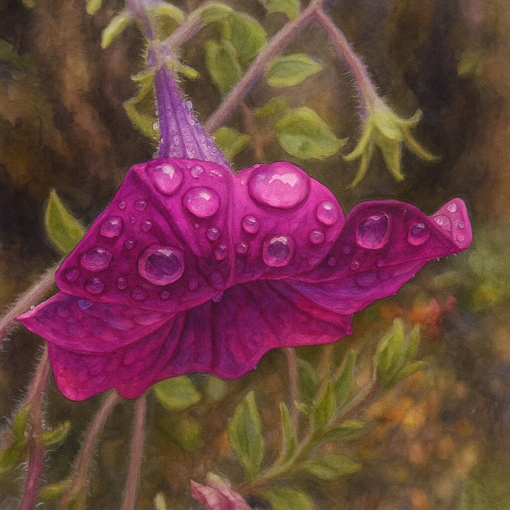 水滴がきらめく赤紫のペチュニアの花びらを描いたリアルイラスト
