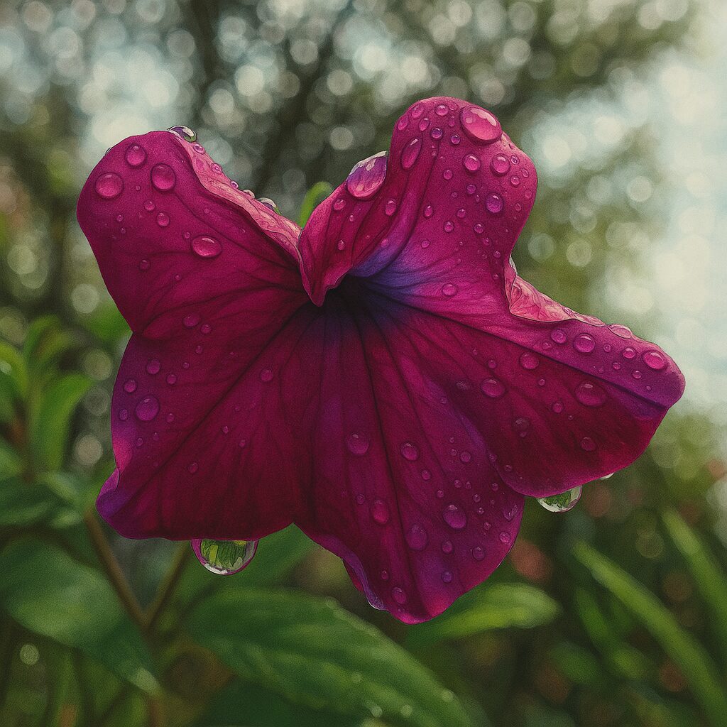 雨上がりのピンクのペチュニアを表現した繊細なタッチの花イラスト