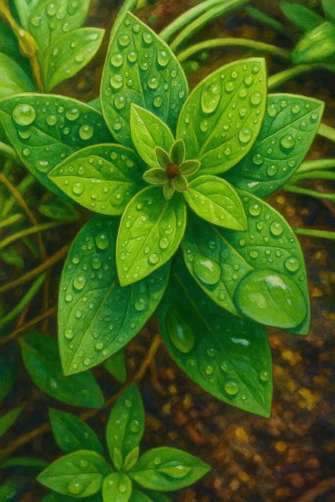 水滴のついたペチュニアの葉と小さなつぼみを描いたボタニカルイラスト