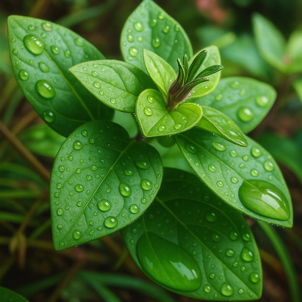 濡れたペチュニアの若葉と成長中のつぼみを丁寧に描いたイラスト