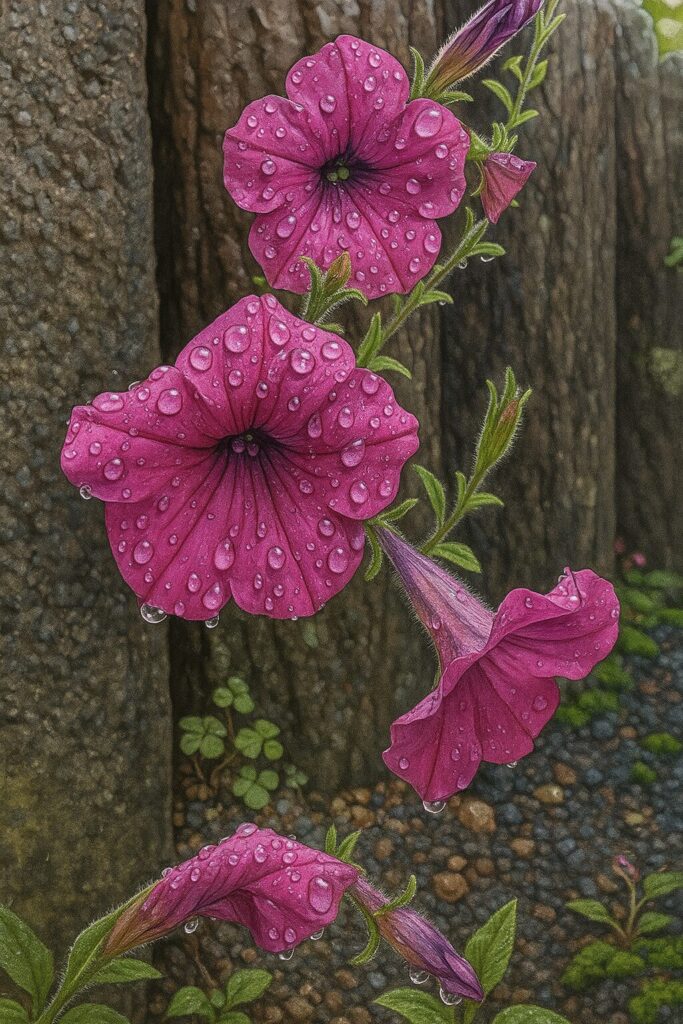 木の根元で咲く雨に濡れたピンクのペチュニアの群れを描いた風景イラスト