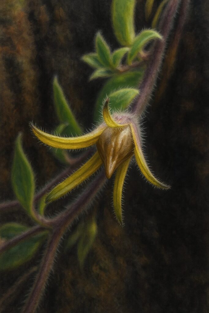 雨上がりのペチュニアのがくとつぼみを細密に描いたリアルなイラスト