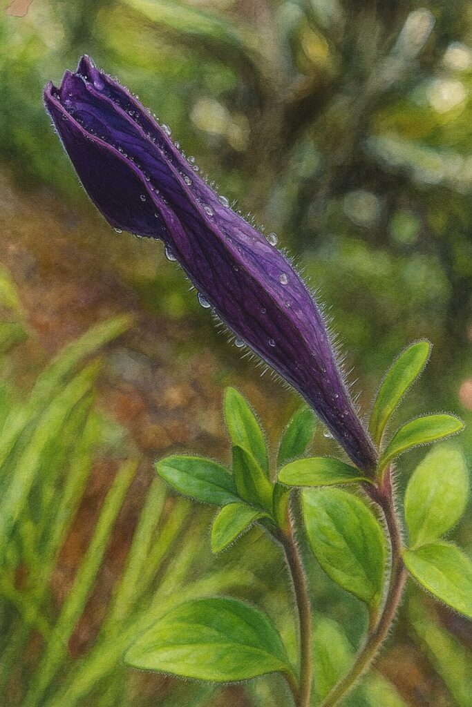 開花を控えた濃紫のペチュニアのつぼみを詳細に描いたリアルイラスト

