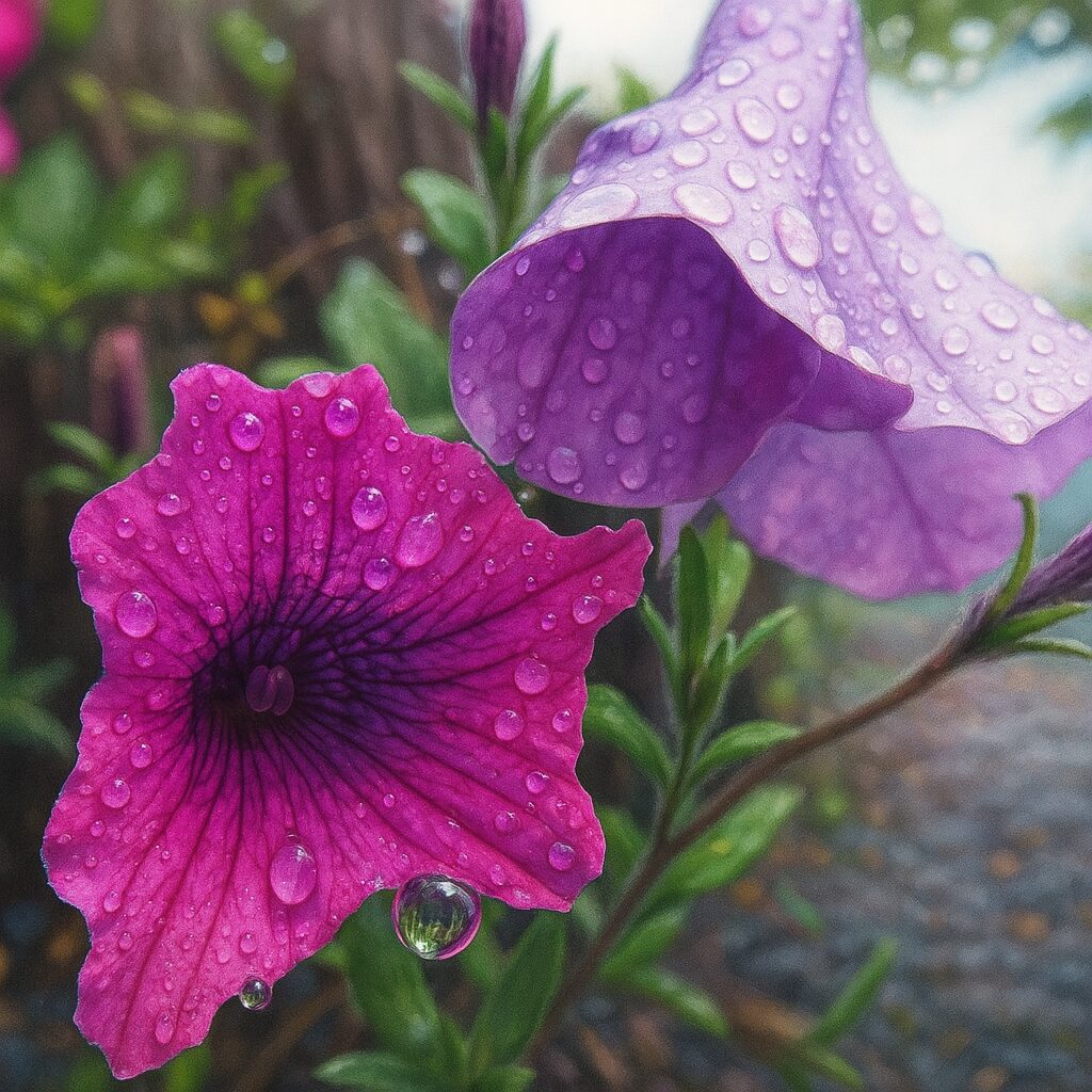 雨粒が光るピンクと紫のペチュニアの花を描いた印象的なイラスト作品