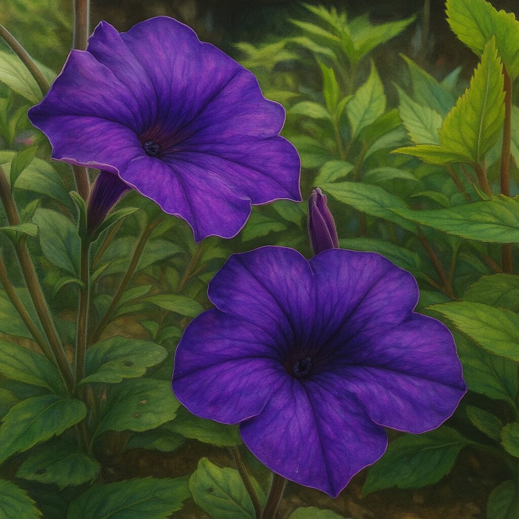 鮮やかな紫のペチュニアがペアで咲く姿を描いた花イラスト