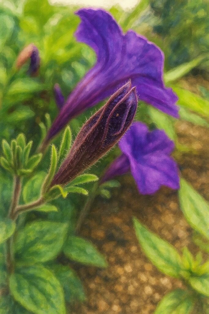 紫のペチュニアのつぼみと背景の花を柔らかい筆致で描いたイラスト