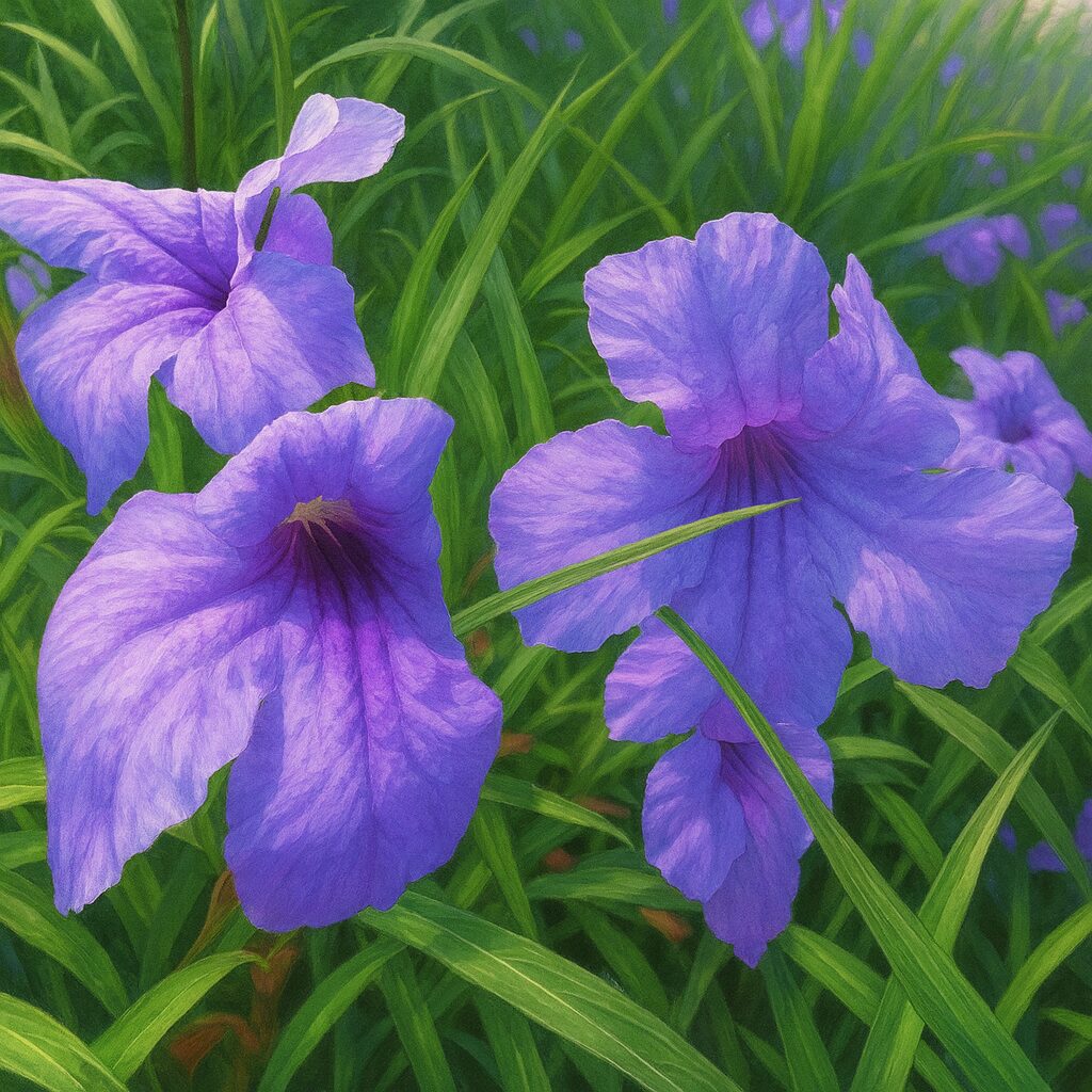 緑の葉と紫の花が調和するヤナギバルイラソウ群生のイラスト