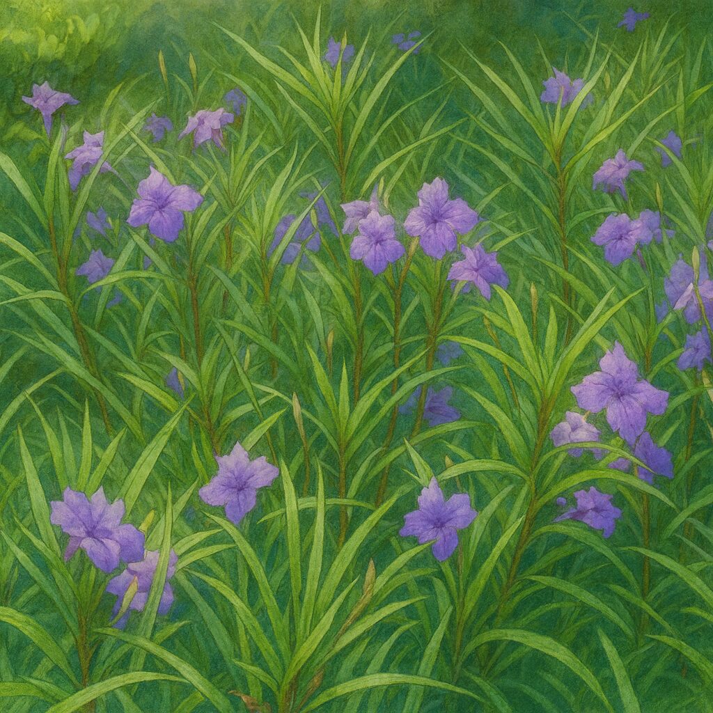 公園に群生するヤナギバルイラソウの花を描いた風景イラスト