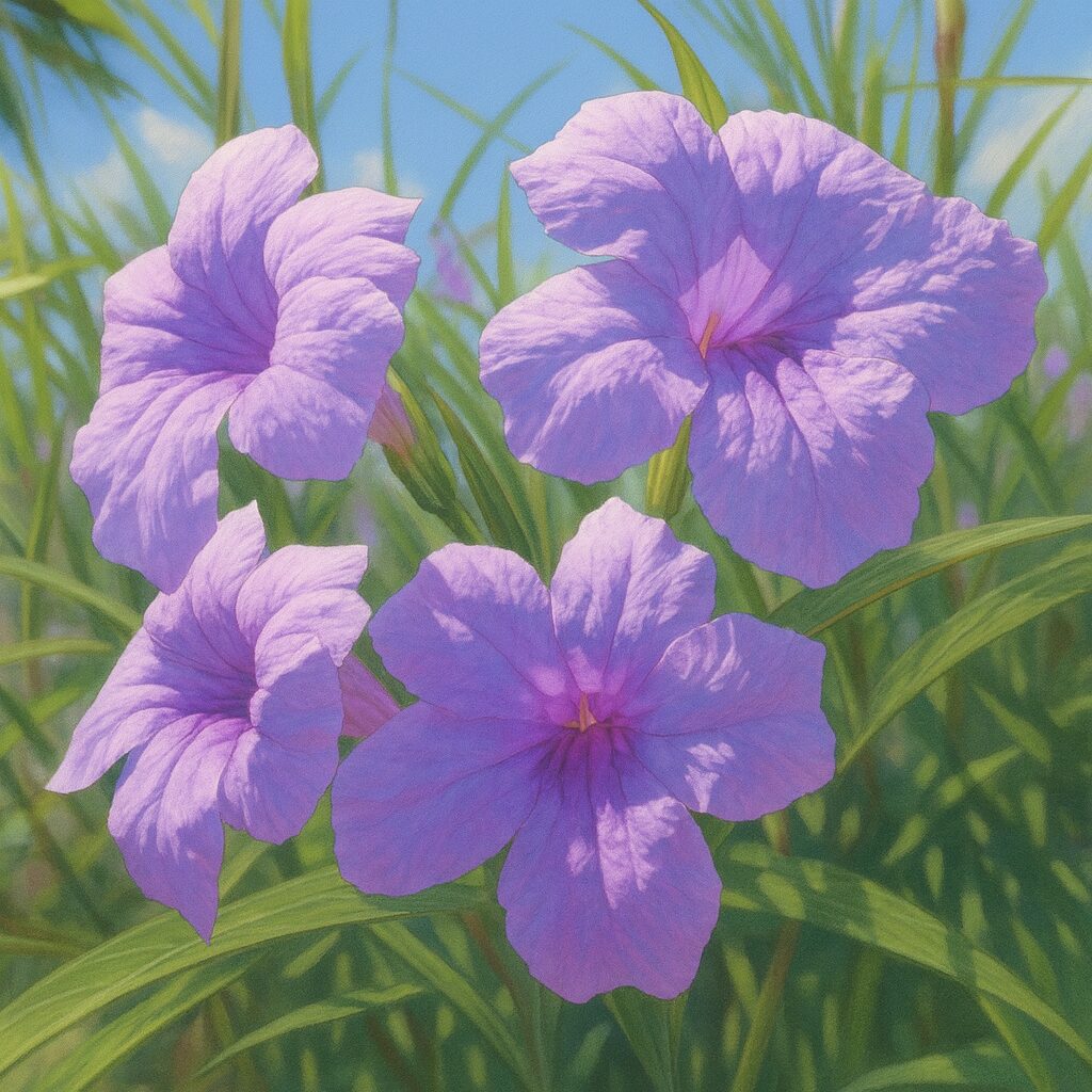 青空と4輪の花が映えるヤナギバルイラソウのクローズアップイラスト