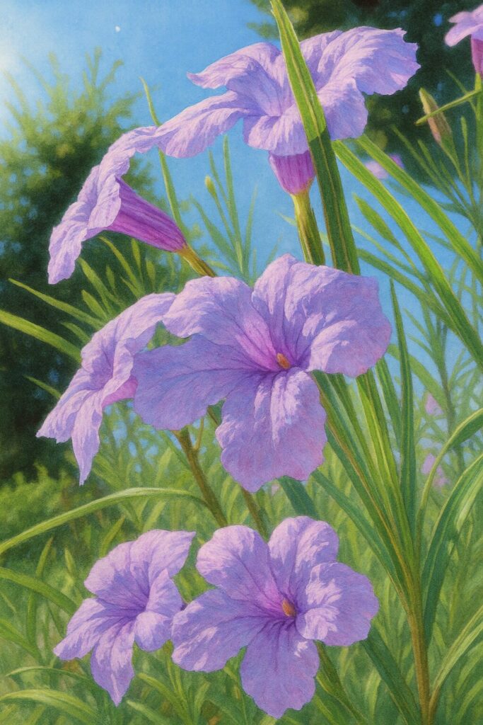 空を背景にした立ち姿のヤナギバルイラソウの花のイラスト