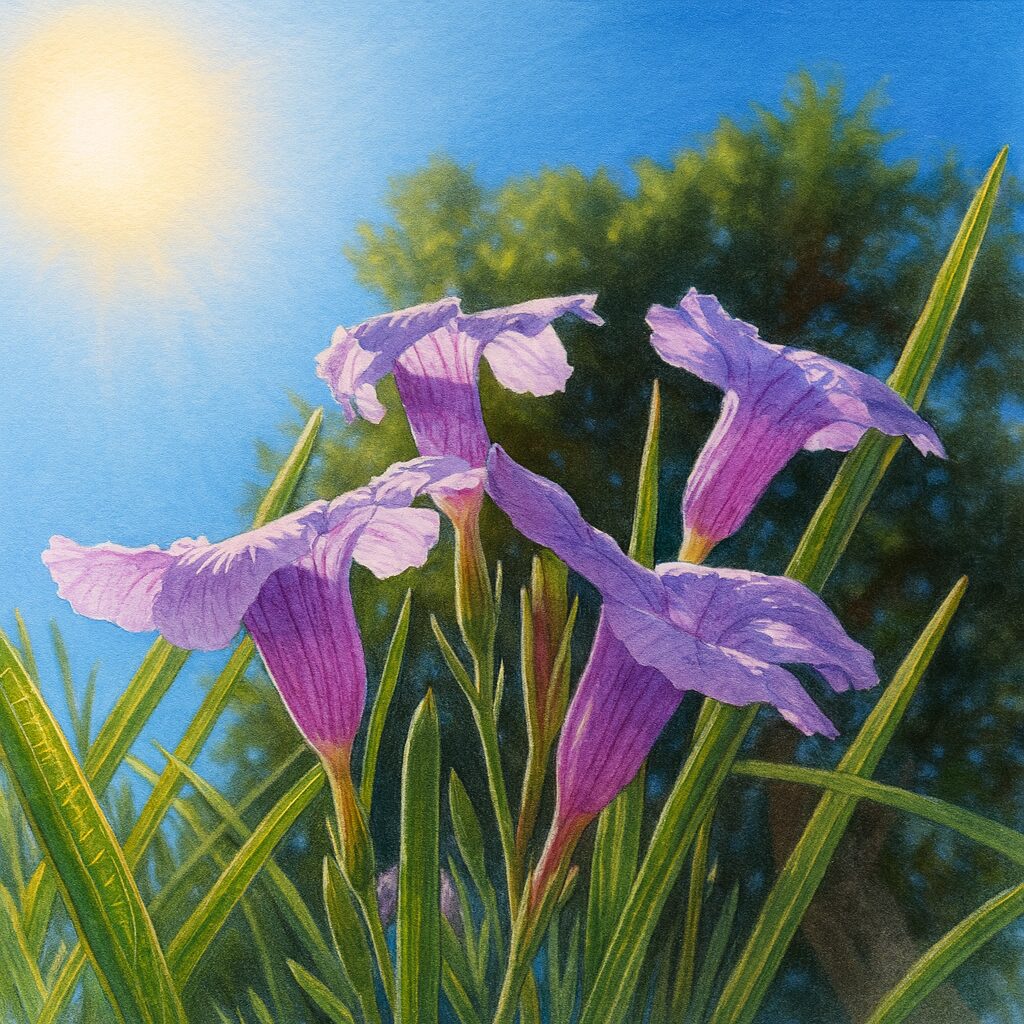 太陽光に透けるヤナギバルイラソウの紫色の花々のイラスト