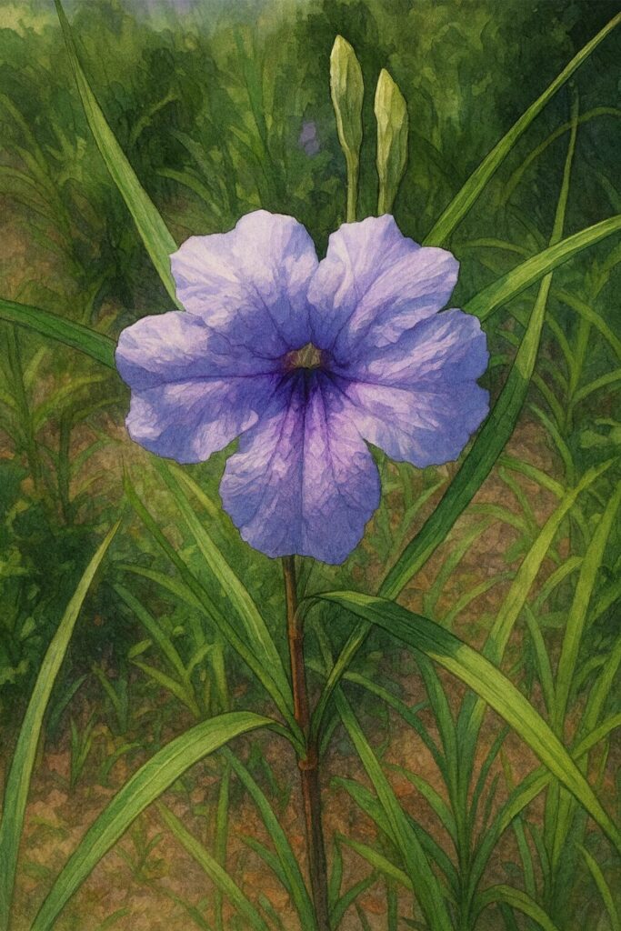 一輪のヤナギバルイラソウを正面から描いた植物イラスト