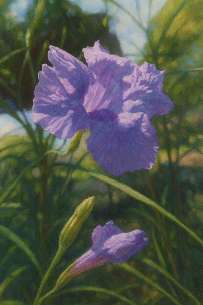 光を浴びるヤナギバルイラソウの花と蕾の横顔イラスト