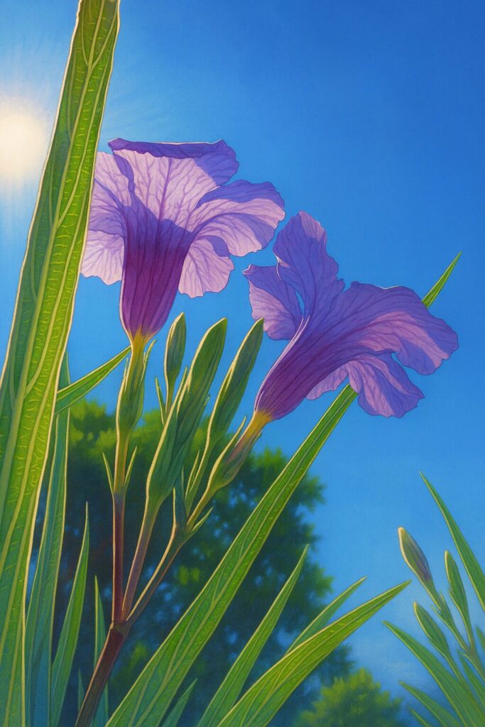 青空に向かって咲く2輪のヤナギバルイラソウと蕾のイラスト