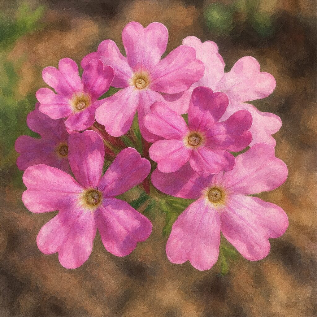 日本で咲くピンクのバーベナ花房を描いたリアルな植物イラスト