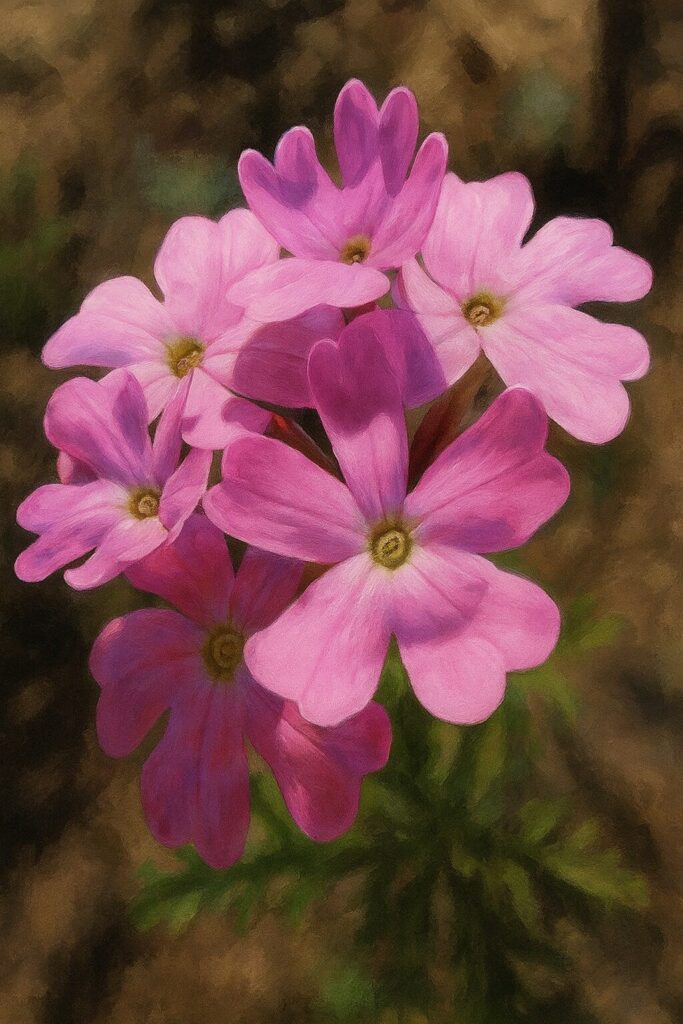 日本のピンクのバーベナ花房を斜めから描いたボタニカルアート