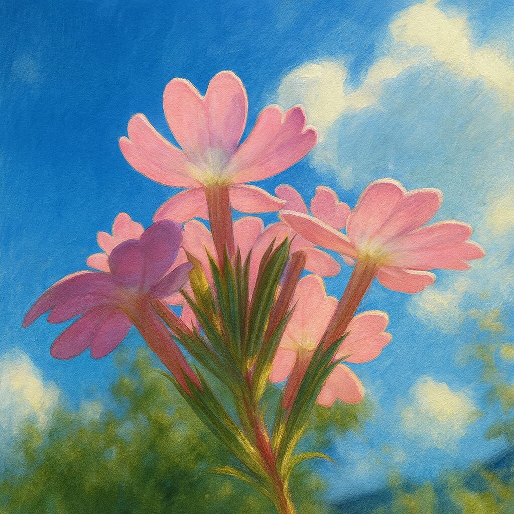 日本で見上げたピンクのバーベナを青空背景で描いたイラスト