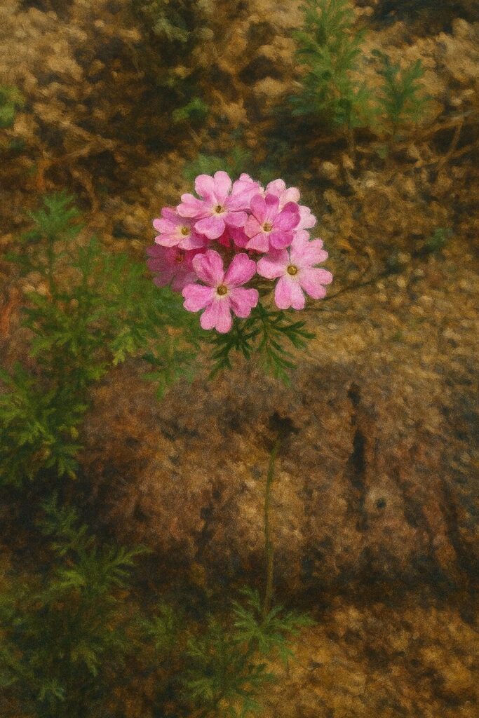 日本の土上に咲くピンクのバーベナ花房を描いた精密画