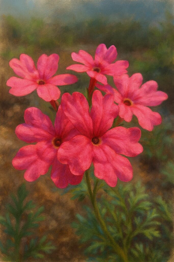 日本の濃桃色バーベナ花房を正面から描いたイラスト