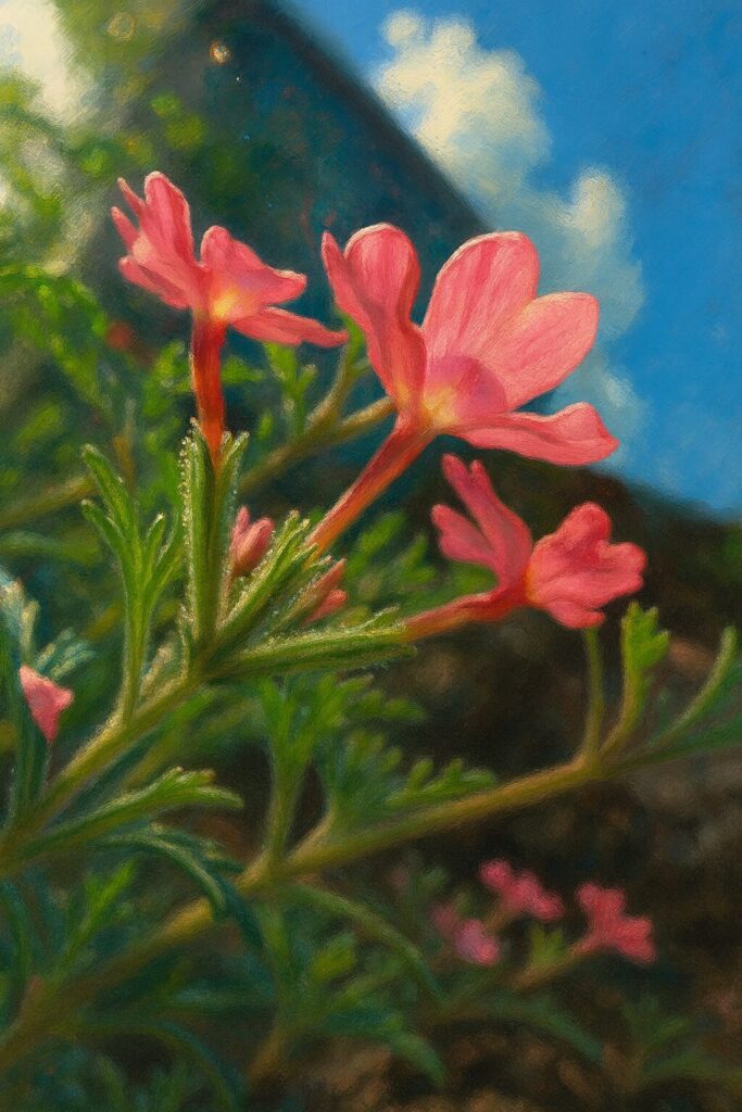 日本のピンクのバーベナをローアングルで描いた空背景イラスト