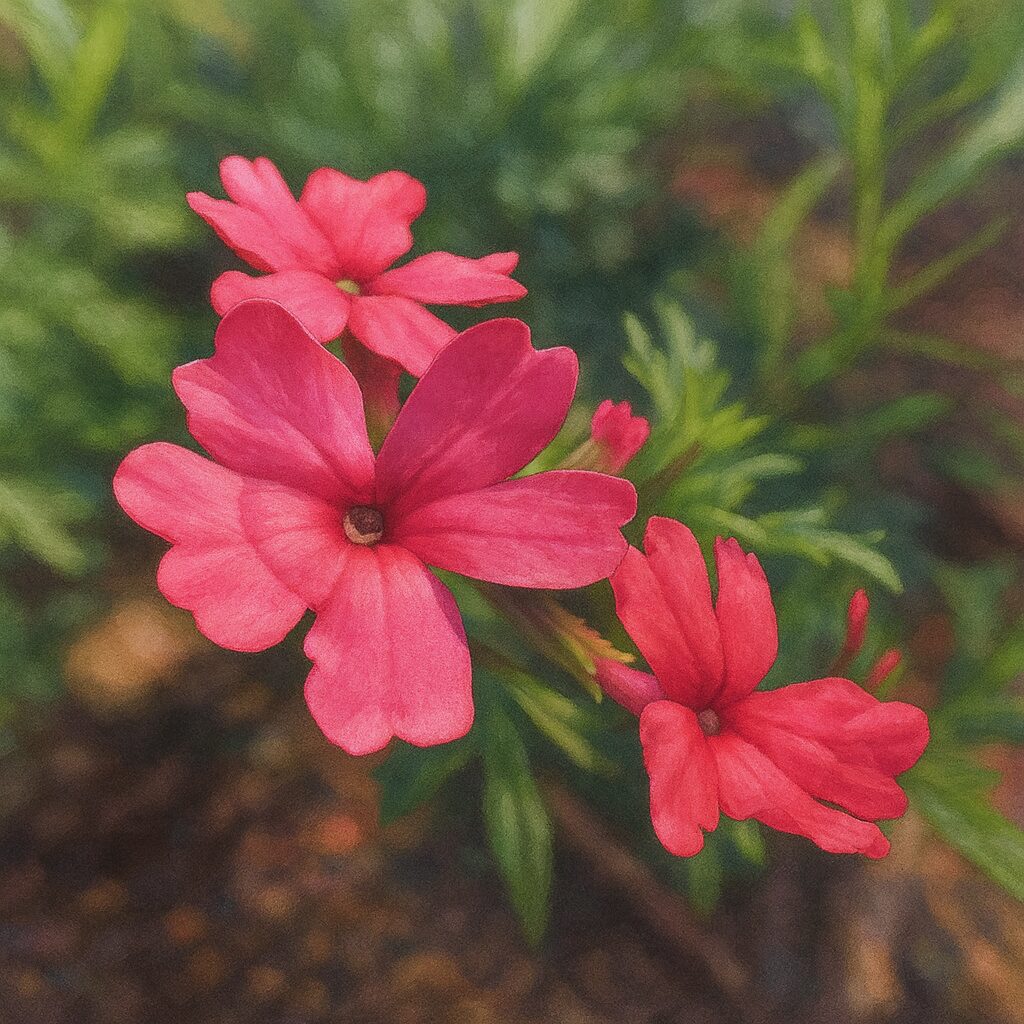 日本で前後に並ぶピンクのバーベナ花房を描いたボタニカルアート