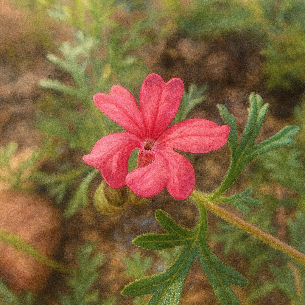 日本の一輪のピンクのバーベナと細裂葉を描いたイラスト