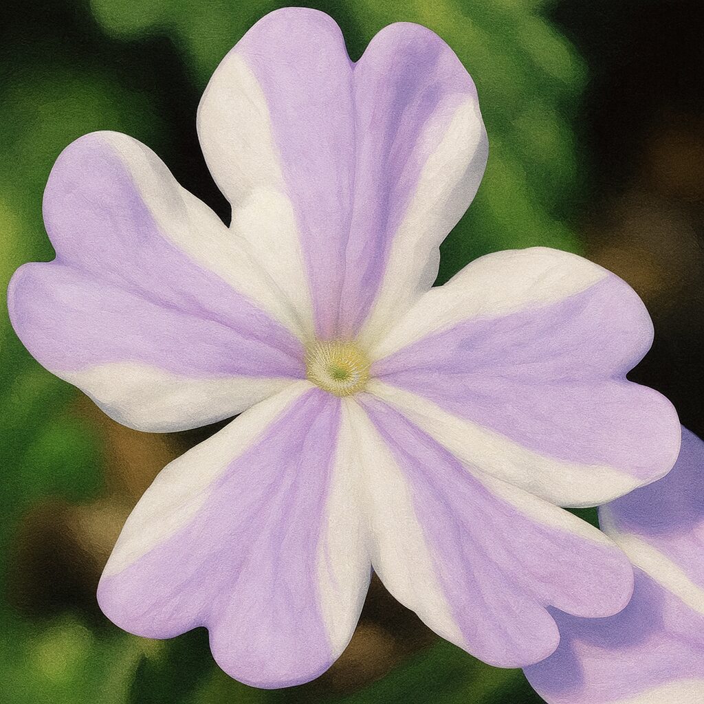 日本の白×薄紫ストライプのバーベナ一輪を描いた精密画