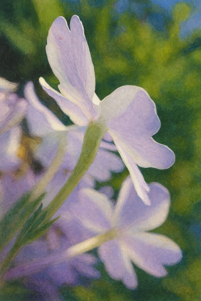 日本の白×薄紫バーベナを逆光の裏側から描いた植物画