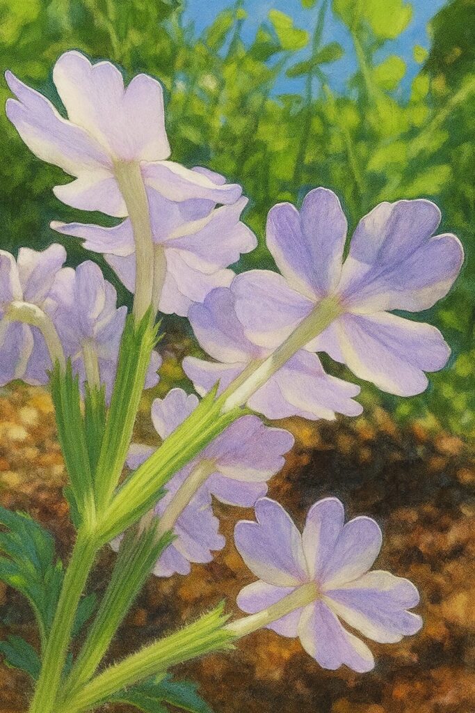 日本の白×薄紫バーベナを下から見上げ萼と茎毛を描写した絵