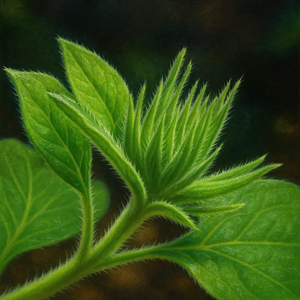 日本のバーベナの毛のある若いつぼみを描いた精密イラスト