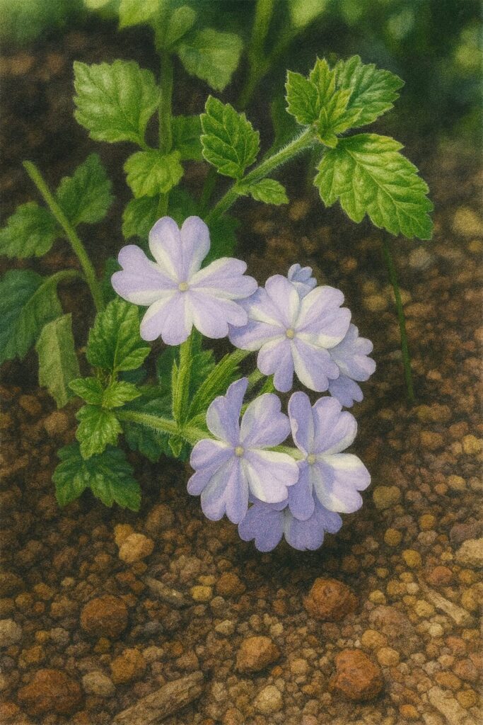 日本の株全体と淡紫のバーベナ花房を描いた植物イラスト