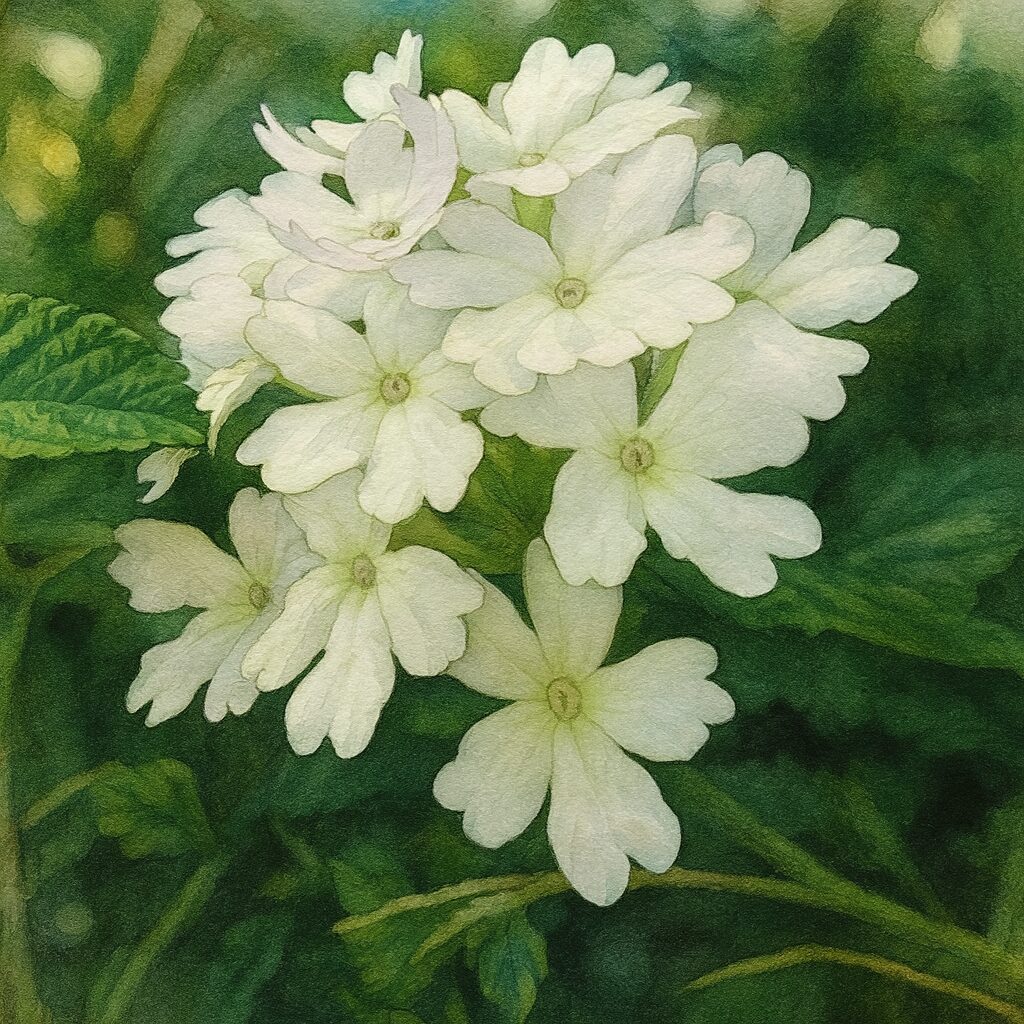 日本の純白のバーベナ花房を描いたリアルイラスト