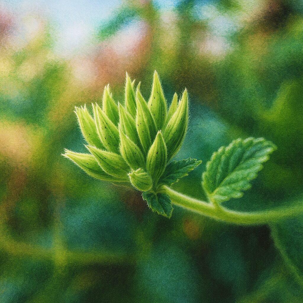 日本のバーベナの緑色のつぼみを背景ぼかしで描いた絵