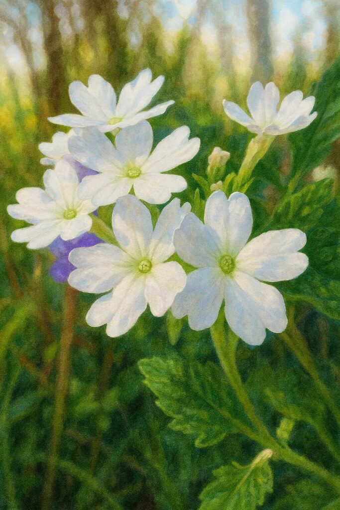 日本の白い花群と背後の紫花を描いたバーベナの植物画