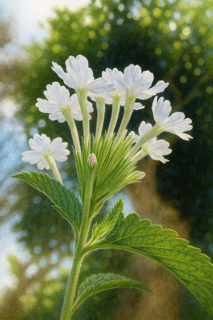 日本で白いバーベナ花房を見上げ木立背景で描いたイラスト