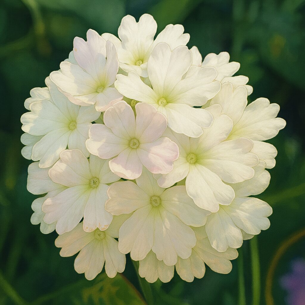 日本の白いバーベナ球形花序を描いた精密ボタニカルイラスト