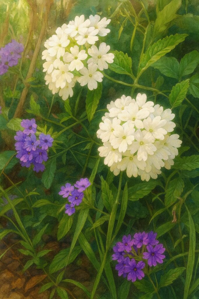 日本の花壇で白と紫のバーベナ花房を描いた風景イラスト