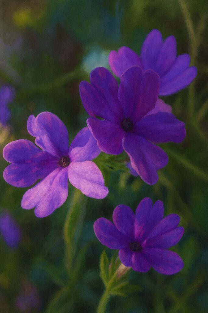 日本の紫のバーベナ三輪をクローズアップで描いたイラスト