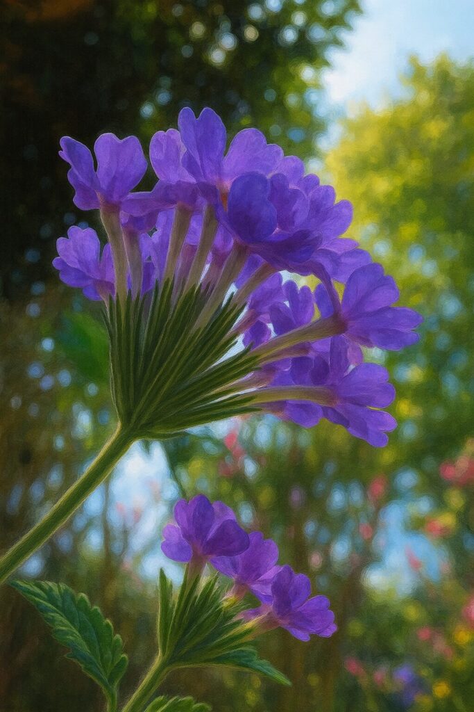 日本の紫のバーベナ花序を見上げ構図で描いたリアルイラスト