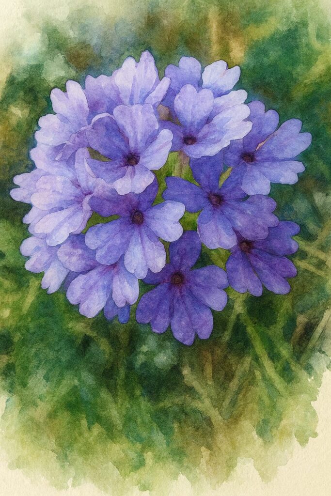 日本の紫のバーベナ球形花序をマクロ風に描いたイラスト