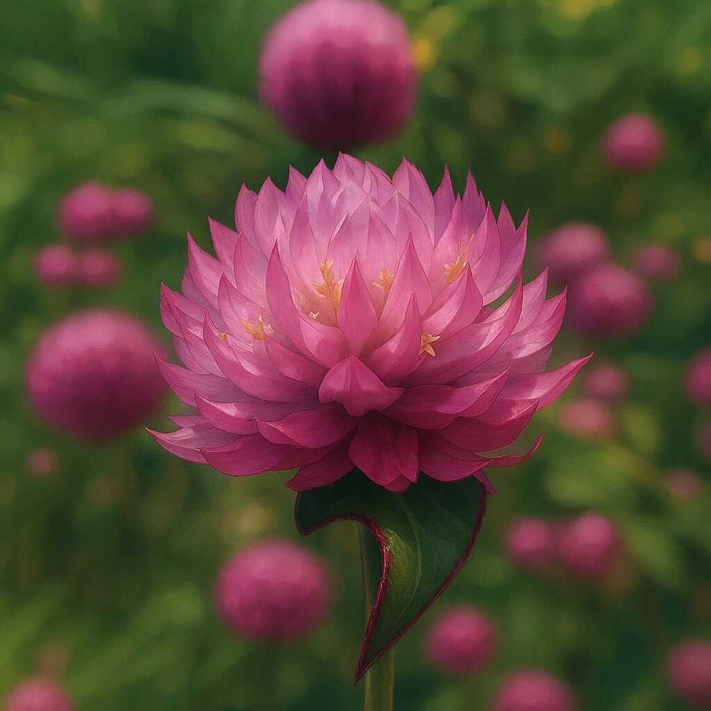 一輪の紫色センニチコウを前ボケ背景で描いた植物画