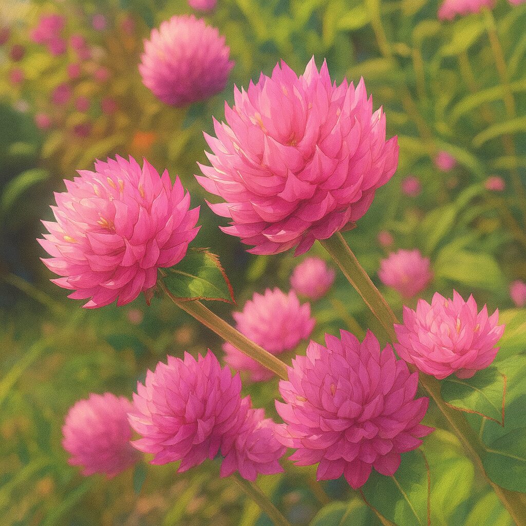 複数の紫色センニチコウが並ぶ群生を描いたイラスト