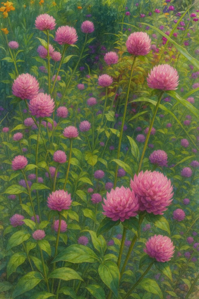 紫群生と奥のオレンジ花を配したセンニチコウ風景画