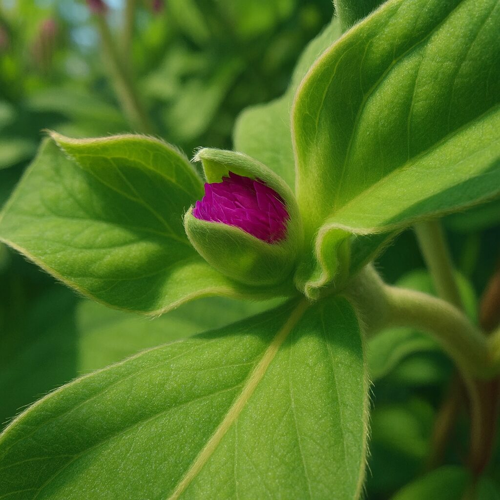 葉に包まれ紫がのぞくセンニチコウつぼみの細密画