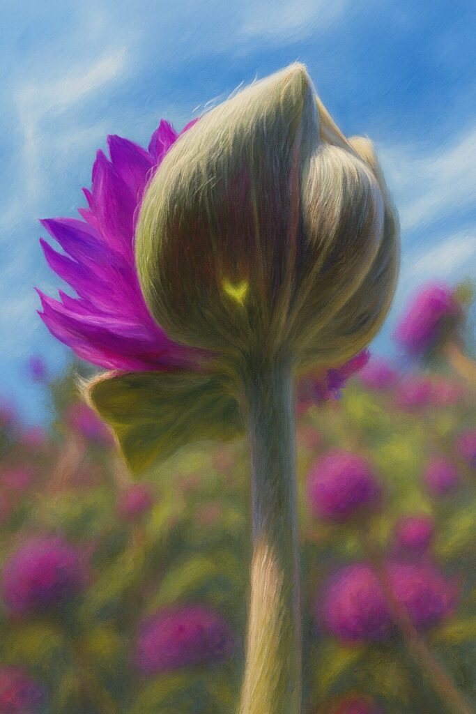 青空を背景に見上げたセンニチコウつぼみの植物画