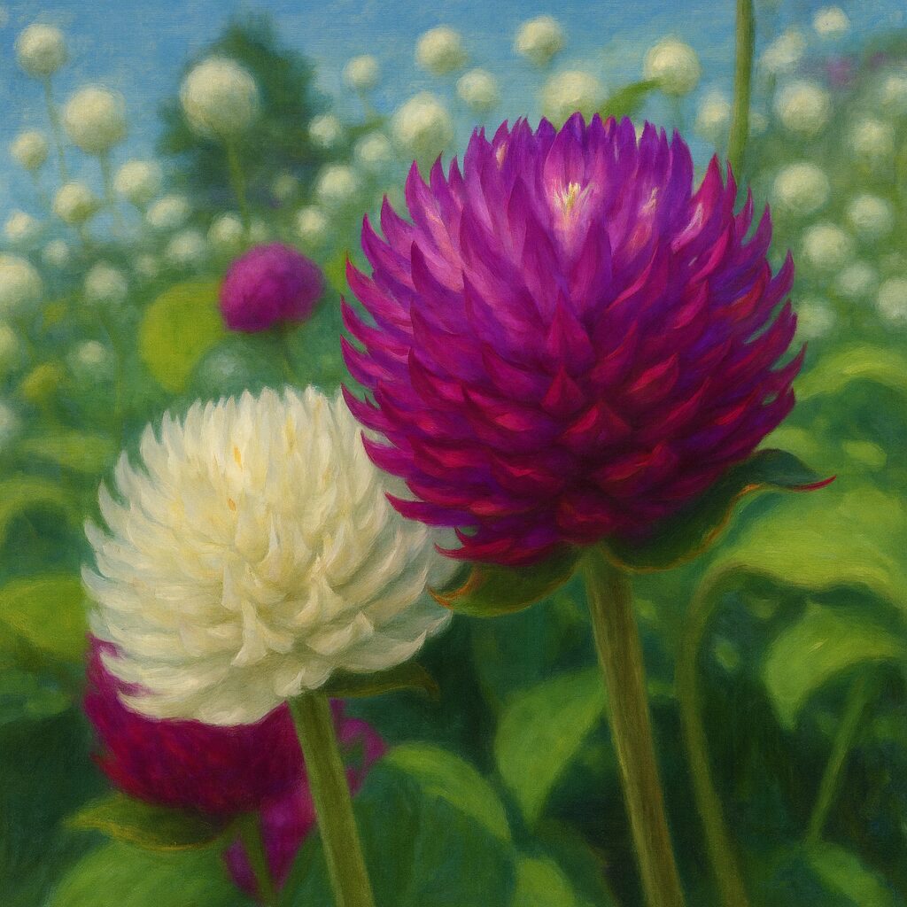 白と紫のセンニチコウ2輪のクローズアップ植物画