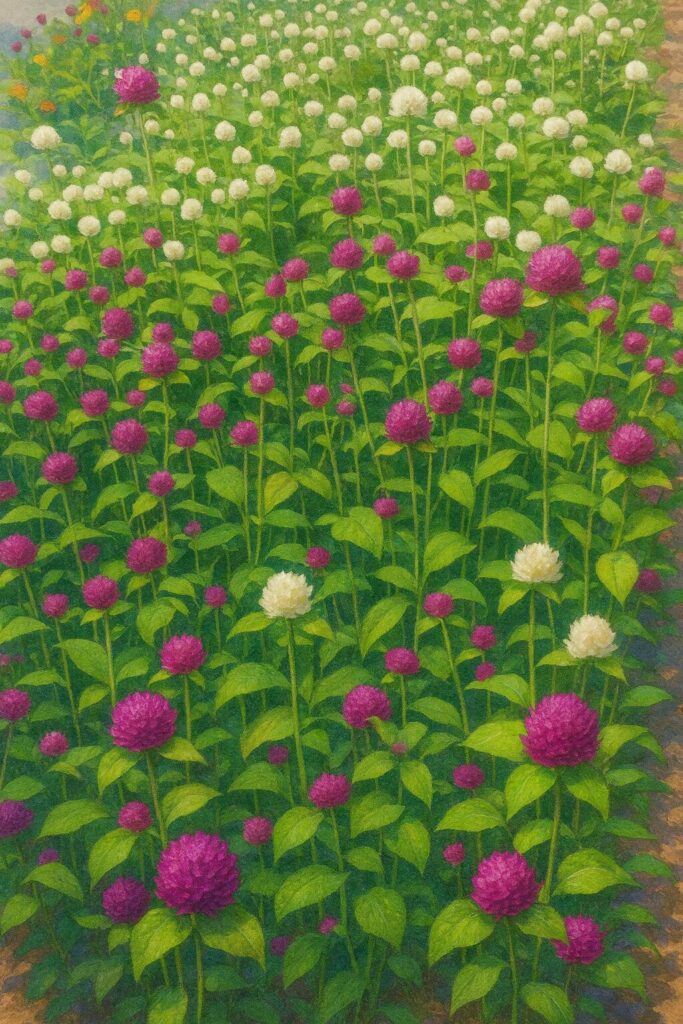 白と紫が一面に咲くセンニチコウ花壇のボタニカル画