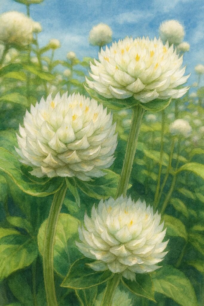 白いセンニチコウ2輪のリアル植物イラスト