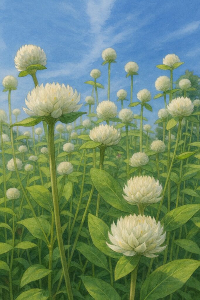 青空下の白いセンニチコウ群生を見上げ描いた植物画