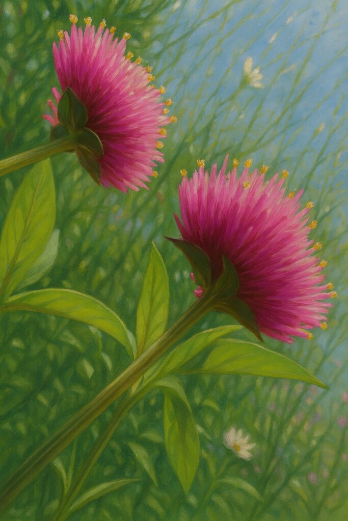 青空背景の‘ファイヤーワークス’を見上げ描いた絵